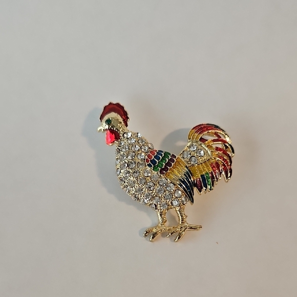 Colorful Enamel & Rhinestone Rooster Brooch - Picture 4 of 4